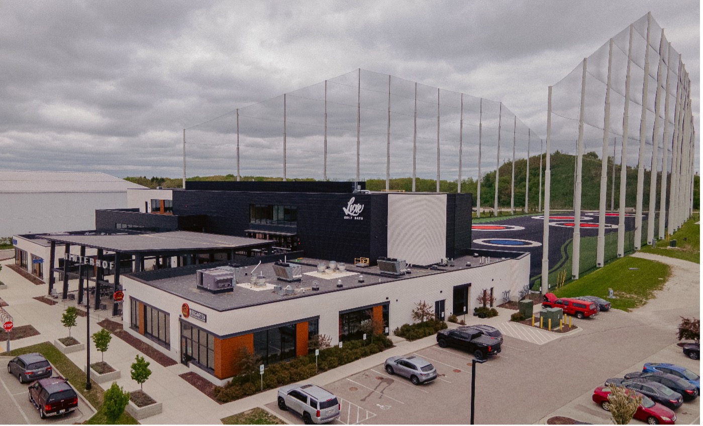 aerial view of buildings and driving range at Ballpark Commons in Wisconsin